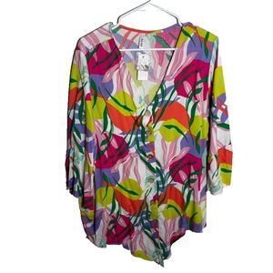Mirror Image Blouse Women's 2X V-Neck Artsy Boho Floral Button Up Top NWT